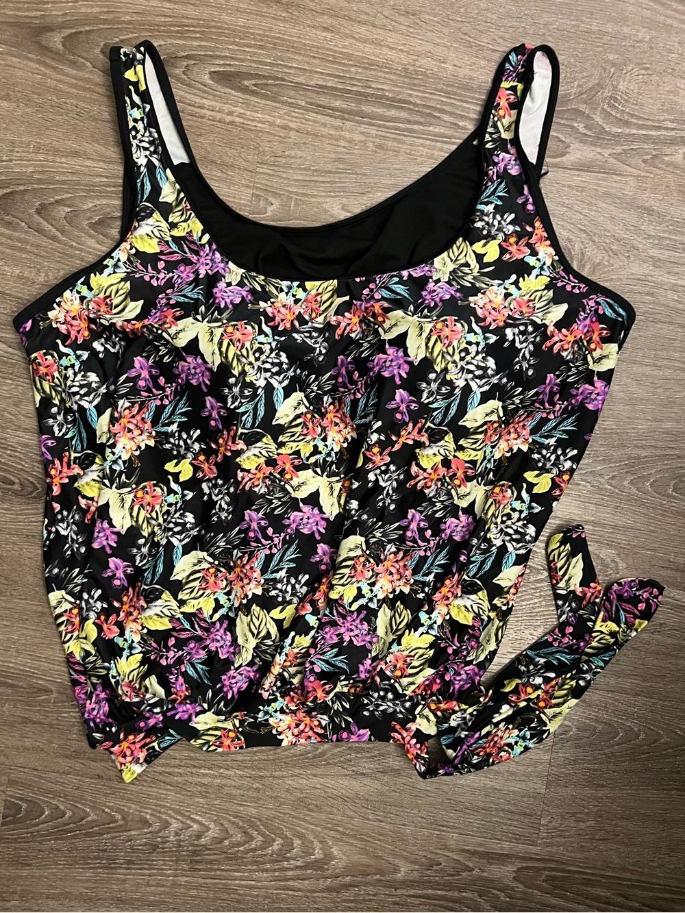 Black Floral Tankini Top with Multi-Color Bloom Print